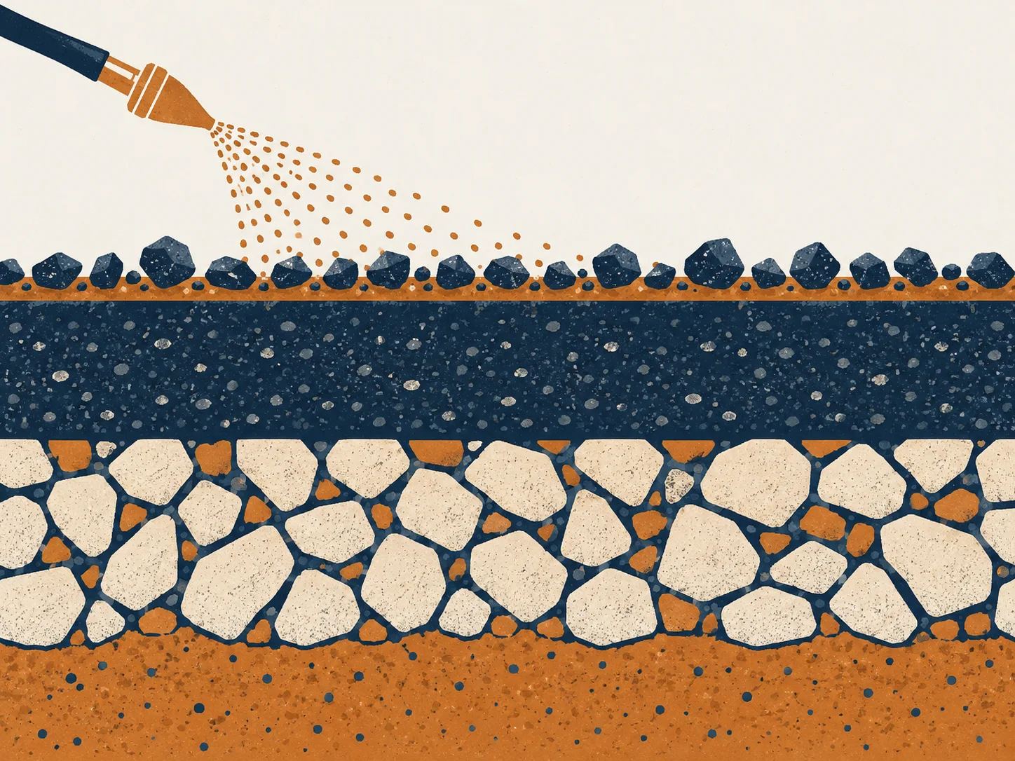 Illustration of pavement layers with a chip seal surface of binder and stone chips